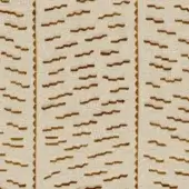 Textile pattern with vertical light beige and tobacco brown bands, featuring staggered, angled shapes and a woven texture; Dedar "tiger beat tabacco" G series.